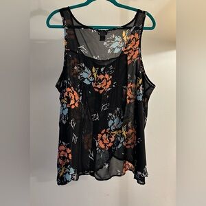 Torrid 1 black sheer blouse w flowers round neck 5 faux front buttons sleeveless